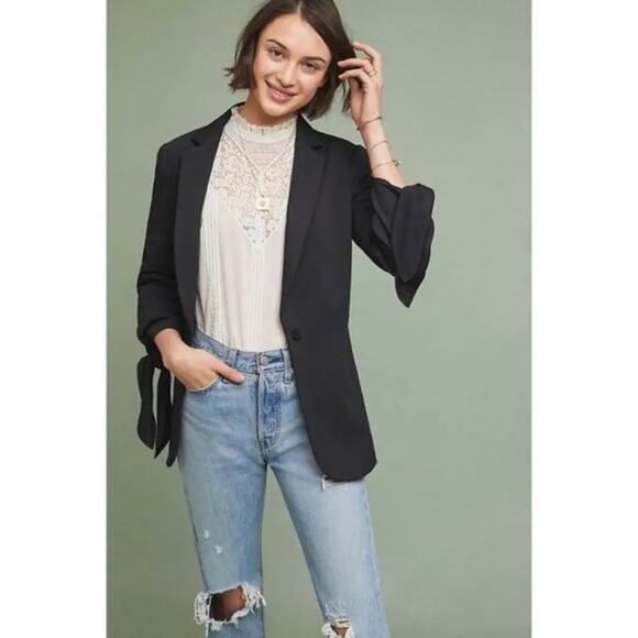 NWT Cartonnier Anthropologie Lloyd Tie Sleeve Easy Blazer in Black - Size 0 - Picture 2 of 13
